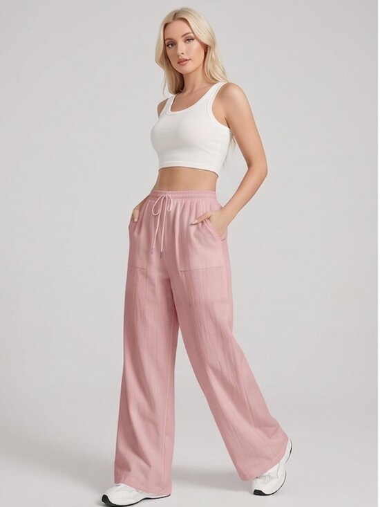 By Design Pants - 100% Cotton Drawstring Waist Wide Leg Pants Pink